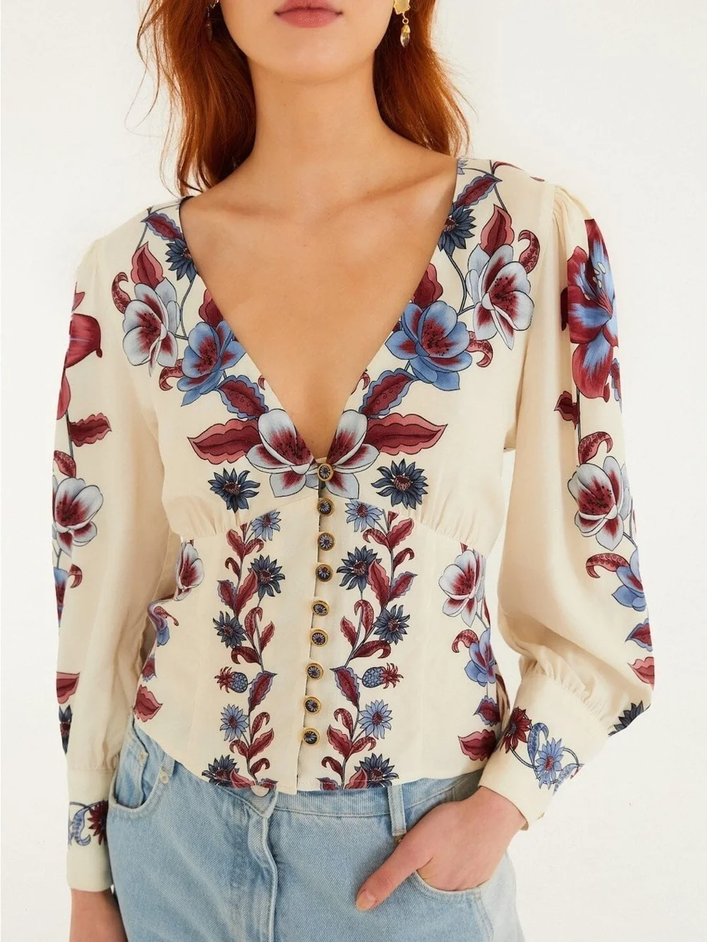 Floral V-Neck Button-Front Blouse - Cream with Blue & Red Bloom